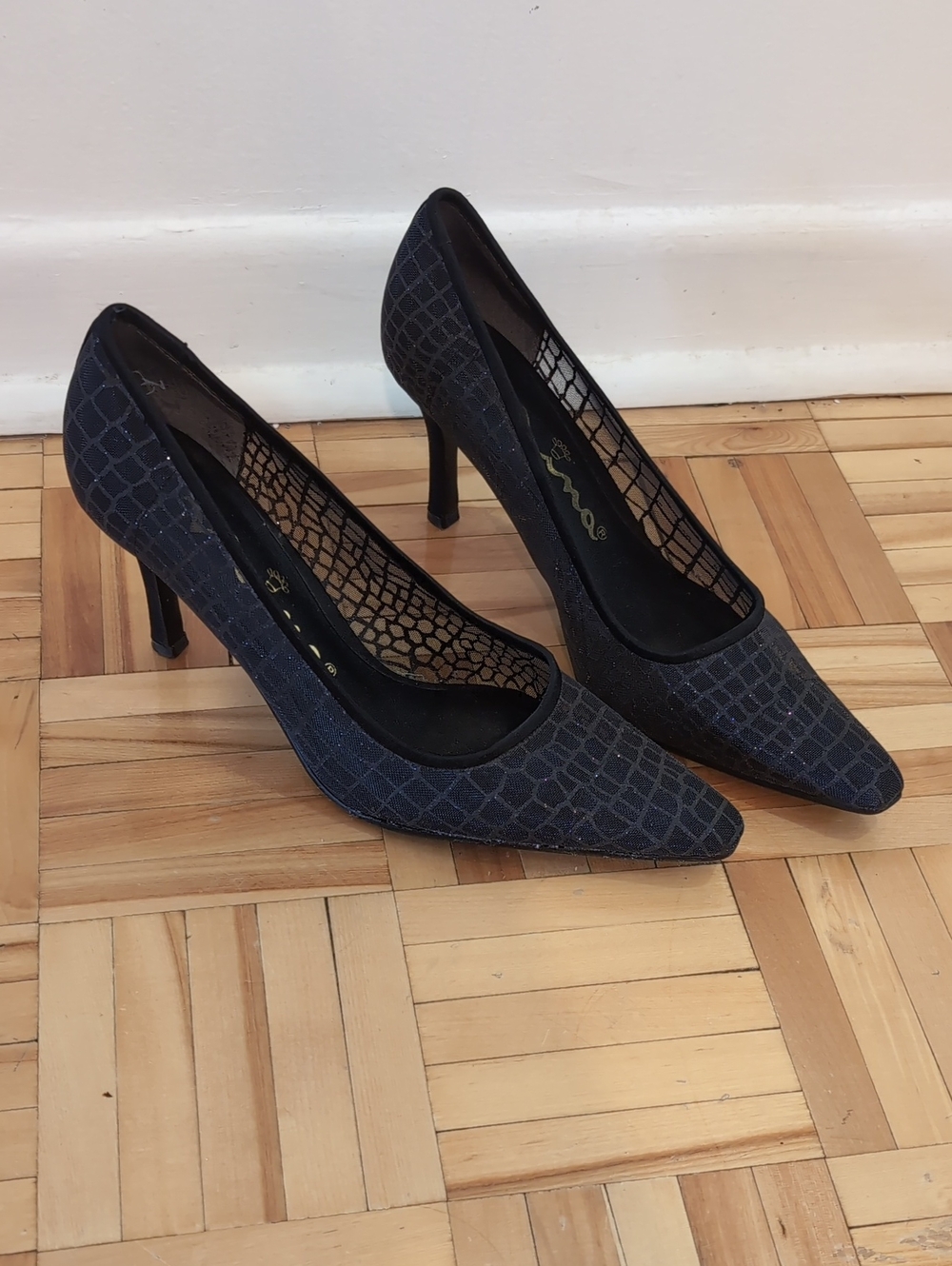 Nina Stilletto Pumps  Mesh Sparkle Croc Print Witchy Pointed-Toe High Heels